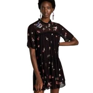 Zara Floral Embroidery Tiered Mini Dress Black XS